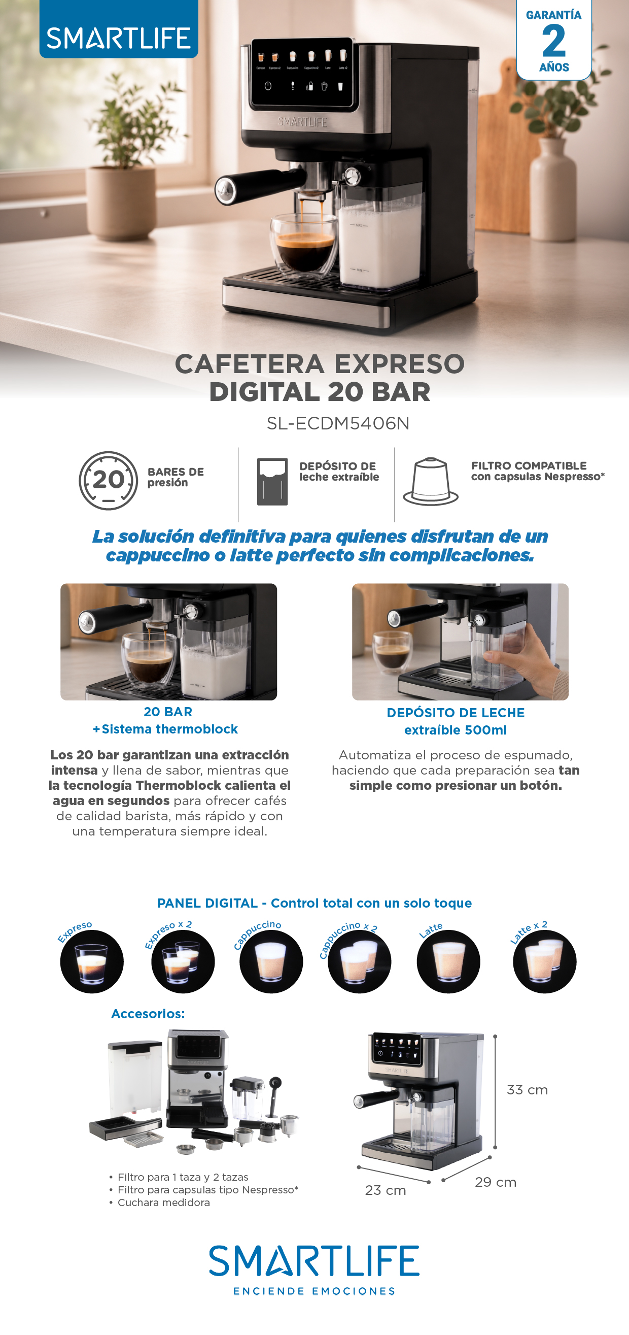 Cafetera Smartlife expreso digital lechera SL-ECDM5406N